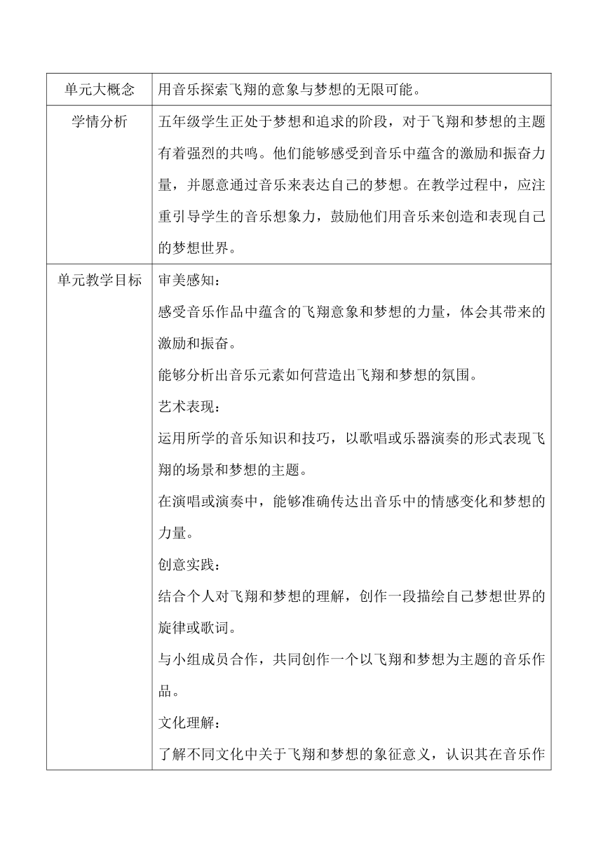 【新课标】人音版五年级第3单元 《飞翔的梦》大单元教学设计+课时+教学反思