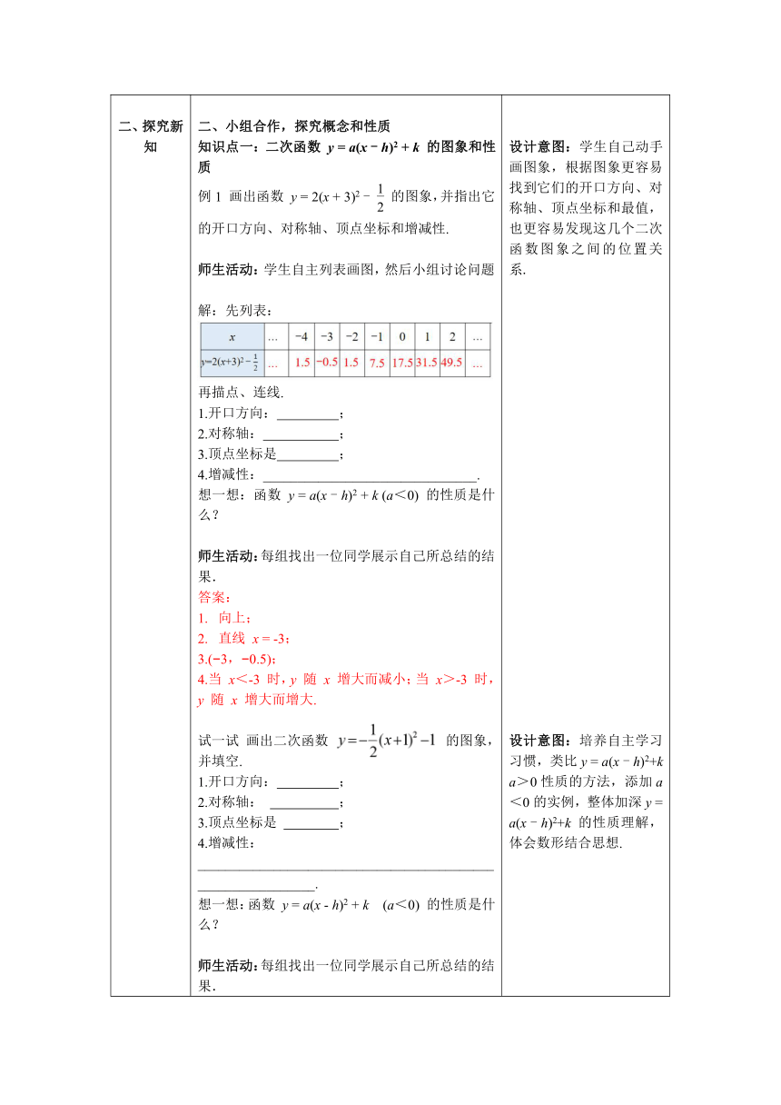 【核心素养】北师大版九年级数学下册2.2 第4课时  二次函数y=a(x-h)2+k的图象与性质 教案（表格式）