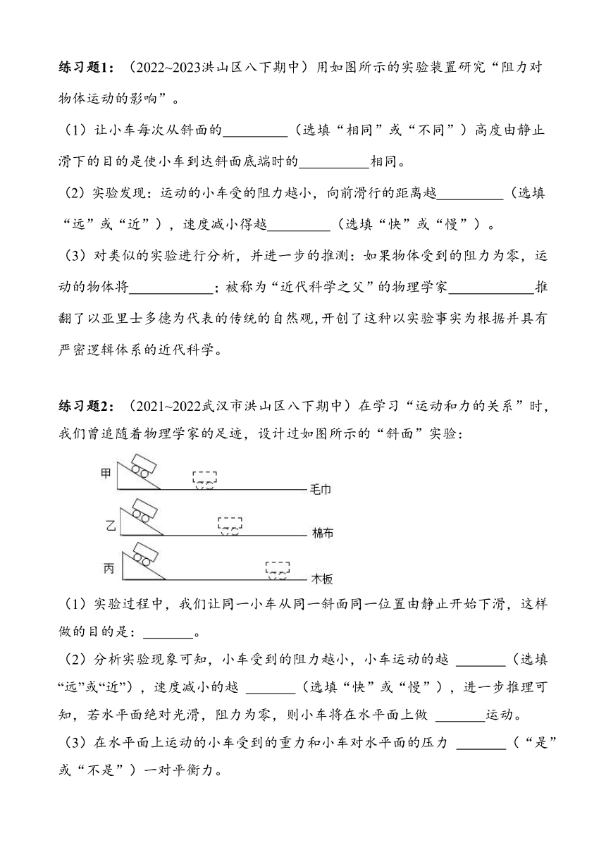 湖北省武汉市洪山区2023~2024学年八年级下册期中复习试卷——运动与力实验（含答案）