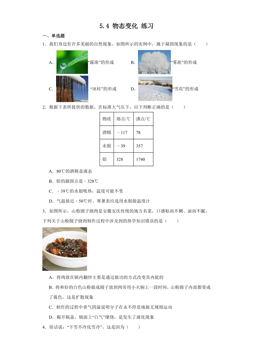 5.4 物态变化 练习（含解析）2022-2023学年物理沪教版八年级下册