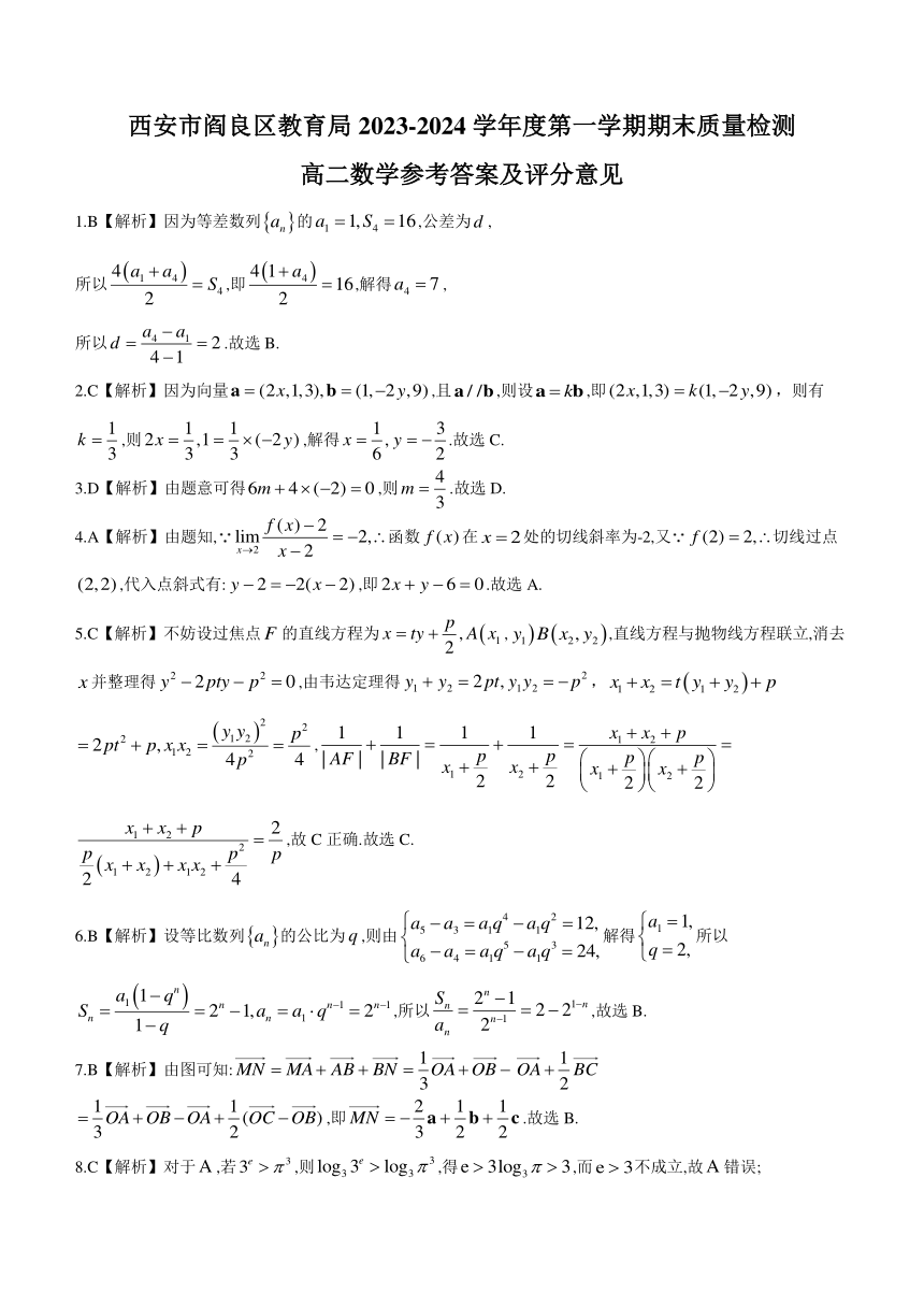 陕西省西安市阎良区教育局2023-2024学年高二上学期期末质量检测数学试卷（含解析）