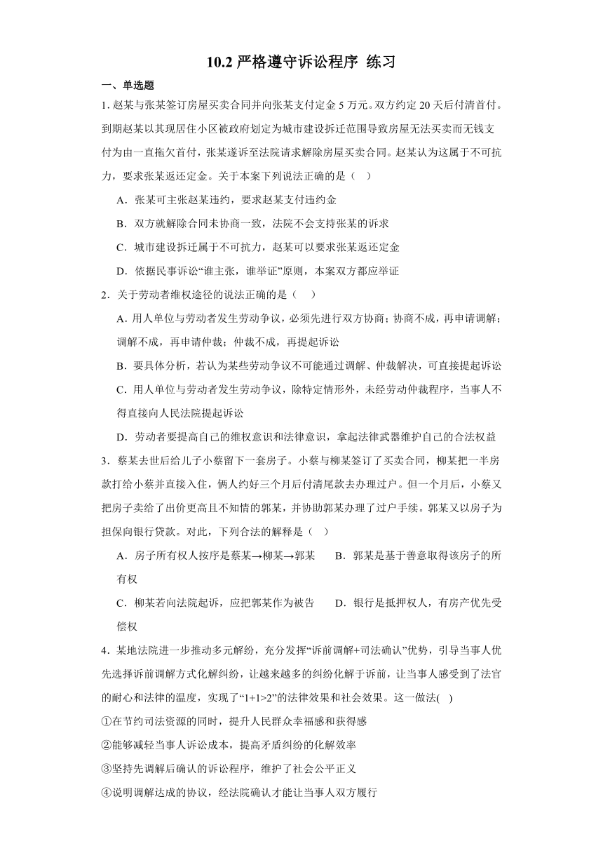 10.2严格遵守诉讼程序 练习（含解析）-2023-2024学年高中政治统编版选择性必修二法律与生活