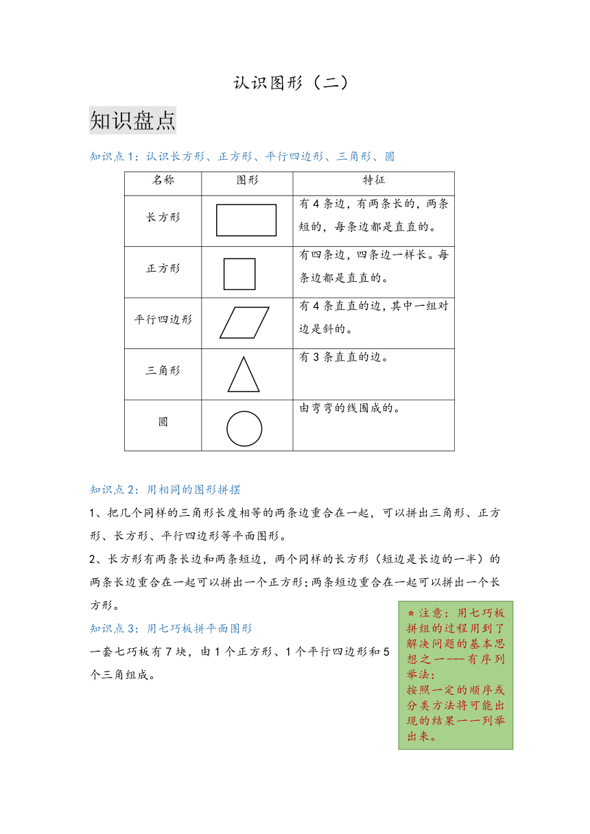 一年级数学下册人教版单元复习讲义第一单元认识图形（二）（含答案）