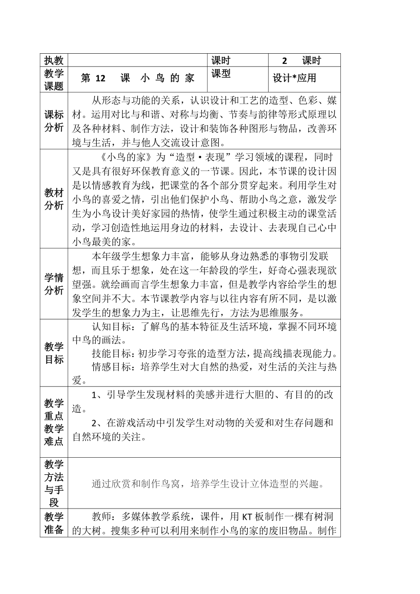 人教版 美术二年级下册第12课 小鸟的家 教案（表格式）