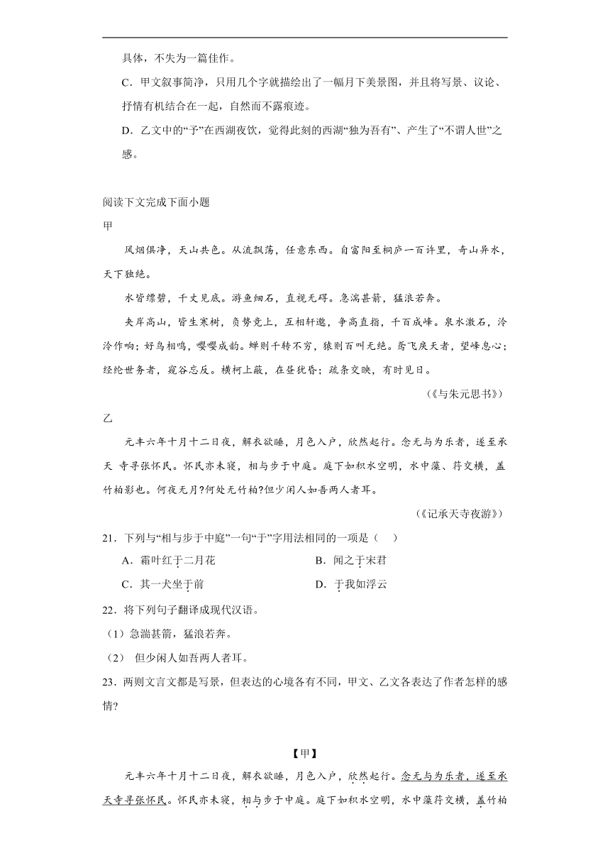 2024年九年级中考语文专题复习：《记承天寺夜游》对比阅读（含答案）