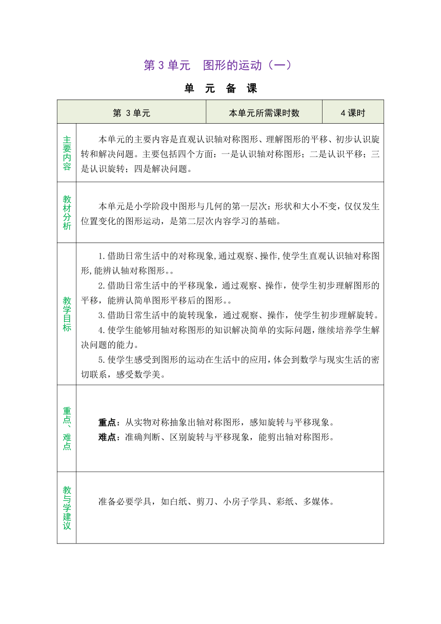 人教版二年级数学下册 第3单元  图形的运动（一）表格式教案