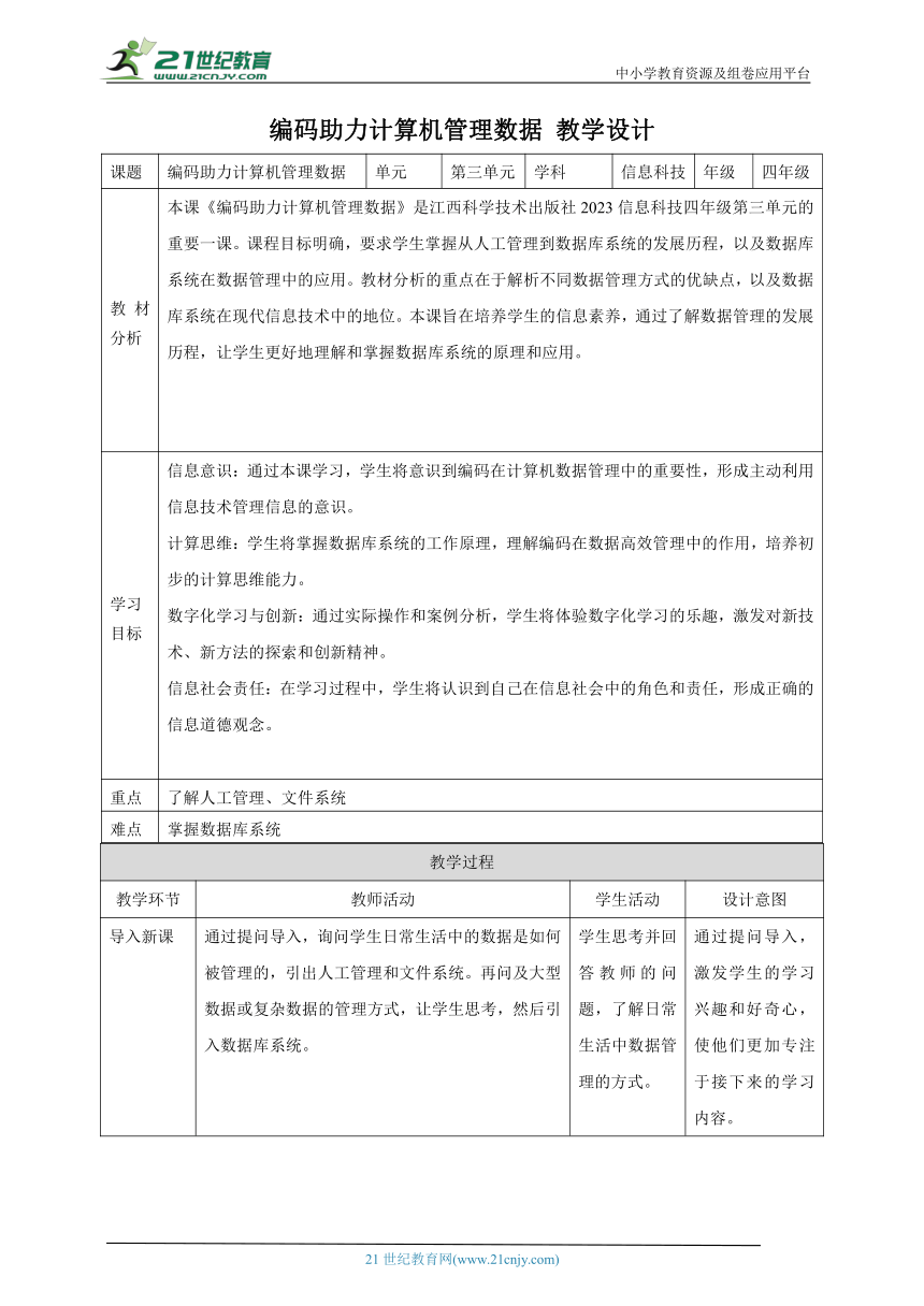 第12课 编码助力计算机管理数据 教案4 四下信息科技赣科学技术版