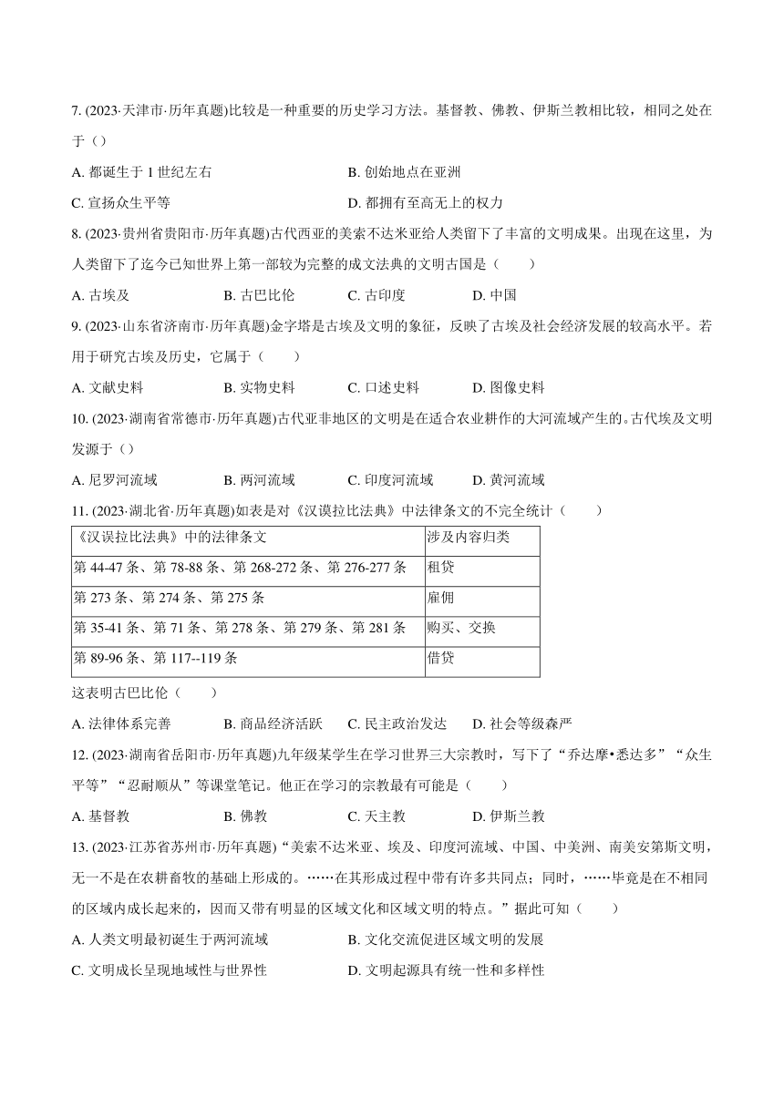 2023年中考历史真题汇编：古代亚非文明(含解析）