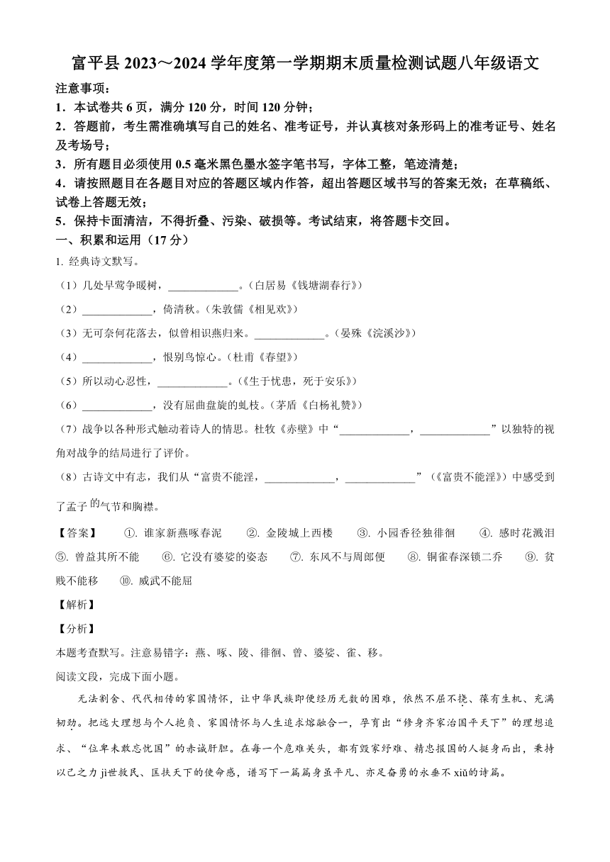 陕西省渭南市富平县2023-2024学年八年级上学期期末语文试题（解析版）