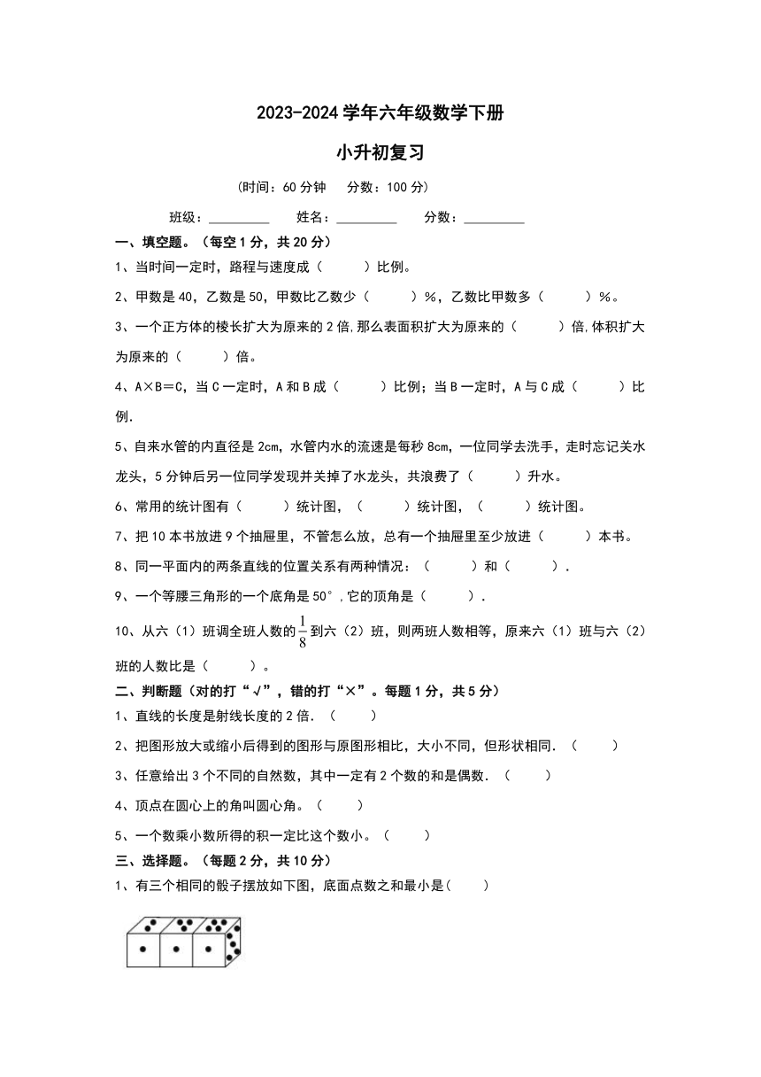 北京版六年级下册数学小升初复习卷(试题)（含答案）