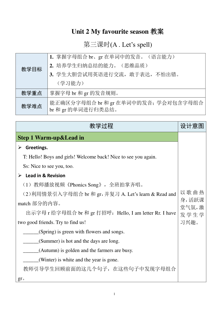 Unit 2 My favourite season PartA Let's spell 表格式教案（含反思）