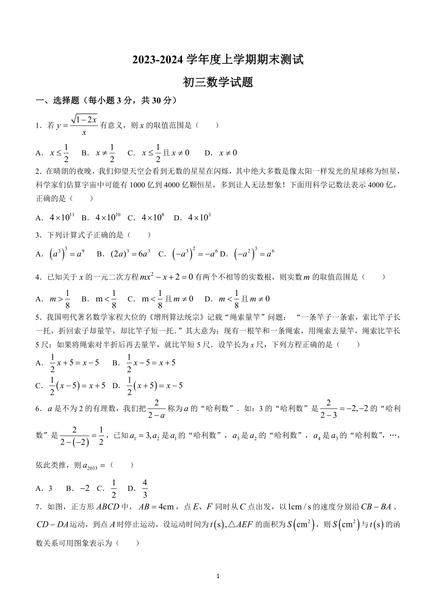 山东省日照市东港区重点中学2023-2024学年九年级上学期期末数学试题(无答案)