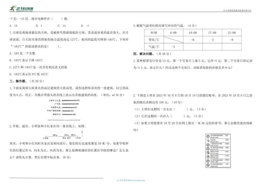 六年级下册数学第一单元 负数 综合测试卷（含答案）