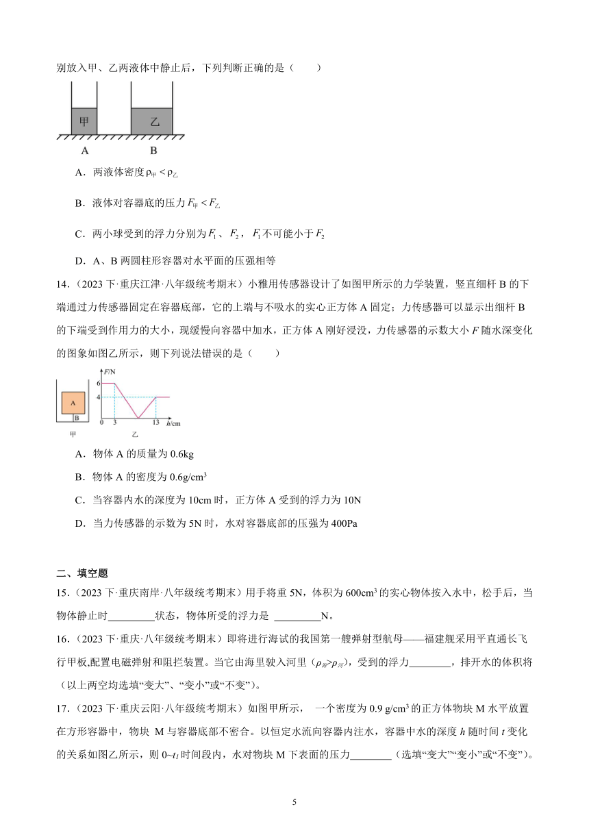 第十章 浮力 单元复习题（含解析） 2022－2023学年下学期重庆市八年级物理期末试题选编