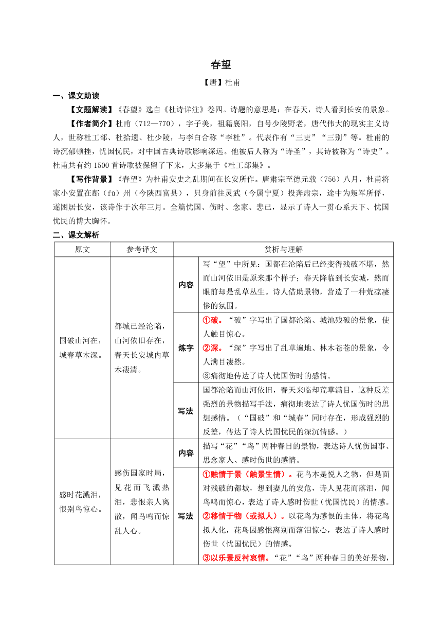 2024年中考语文一轮专题复习：古诗词曲《春望》知识点梳理