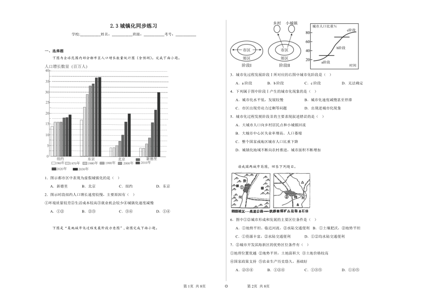 2.3城镇化同步练习（含解析）2023——2024学年鲁教版（2019）高中地理必修第二册