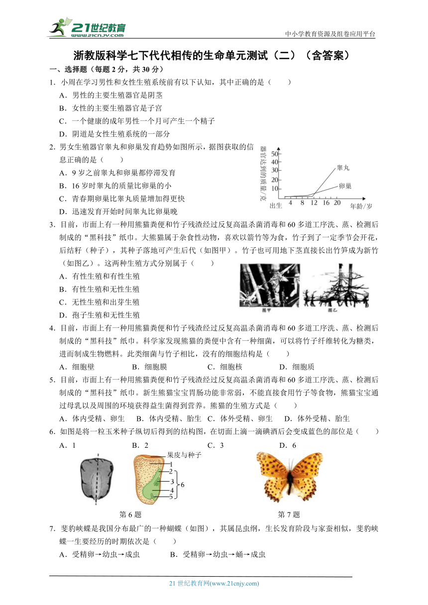 浙教版科学 七下 第1章代代相传的生命单元测试（二）（含答案）