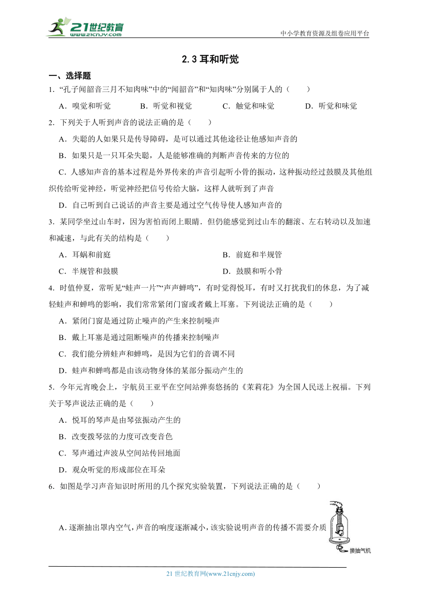 浙教版科学 七下2.3耳和听觉同步练习（能力提升）（含解析）