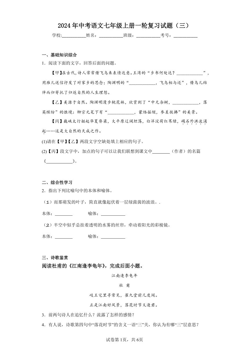 2024年中考语文七年级上册一轮复习试题（三）（含答案）