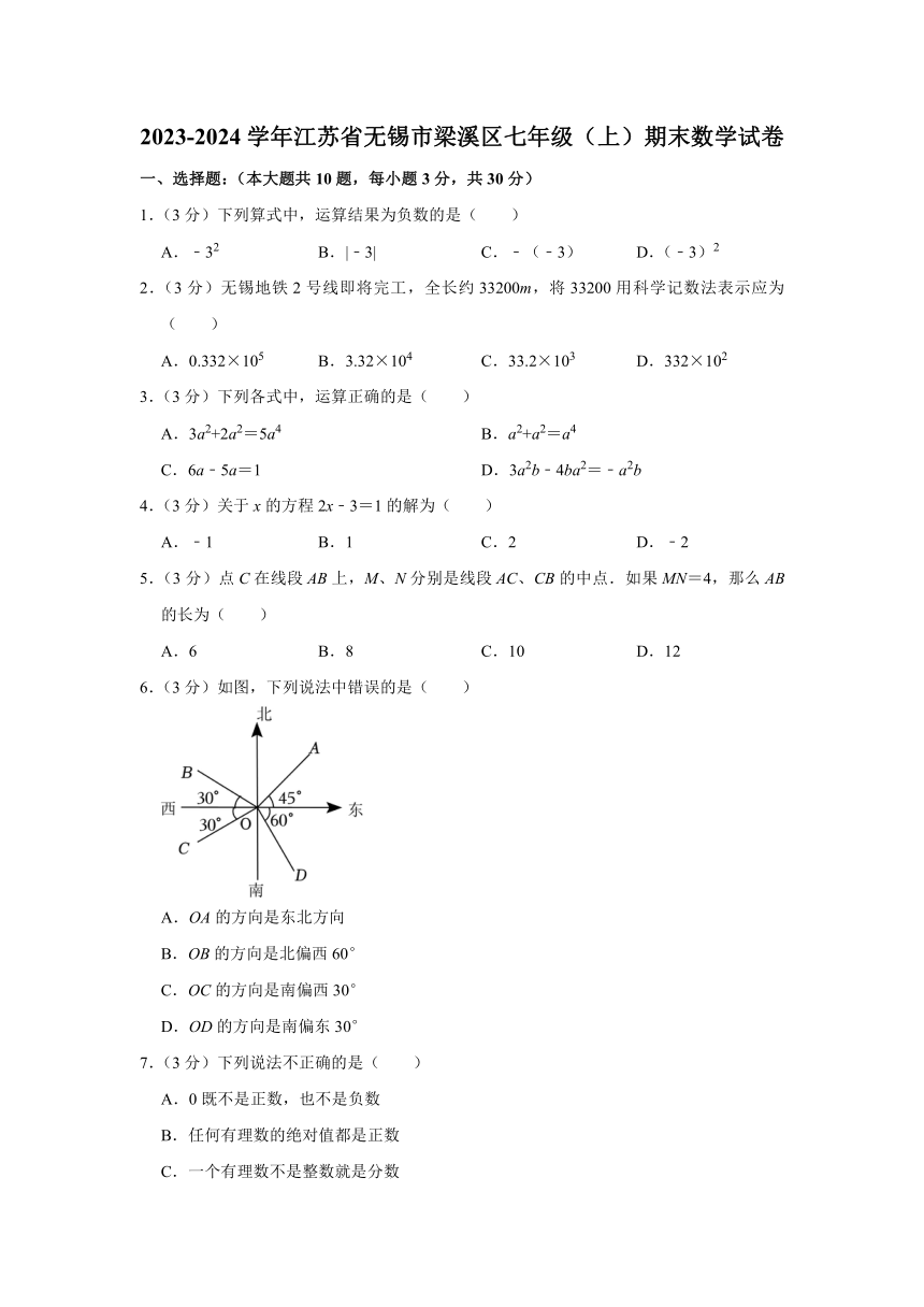 2023-2024学年江苏省无锡市梁溪区七年级（上）期末数学试卷（含解析）