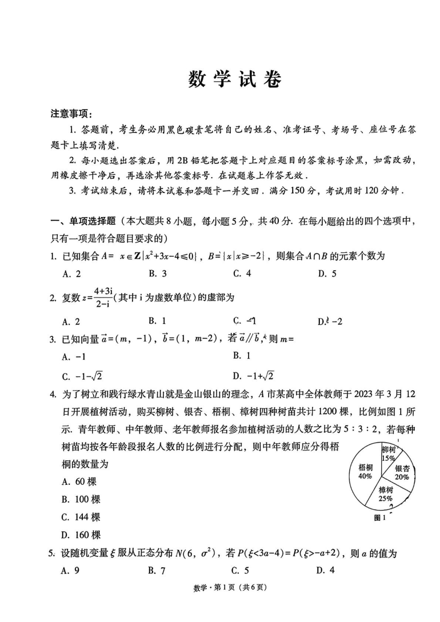 贵州省贵阳市第一中学2023-2024学年高三下学期一模考试数学试题（PDF版，无答案）