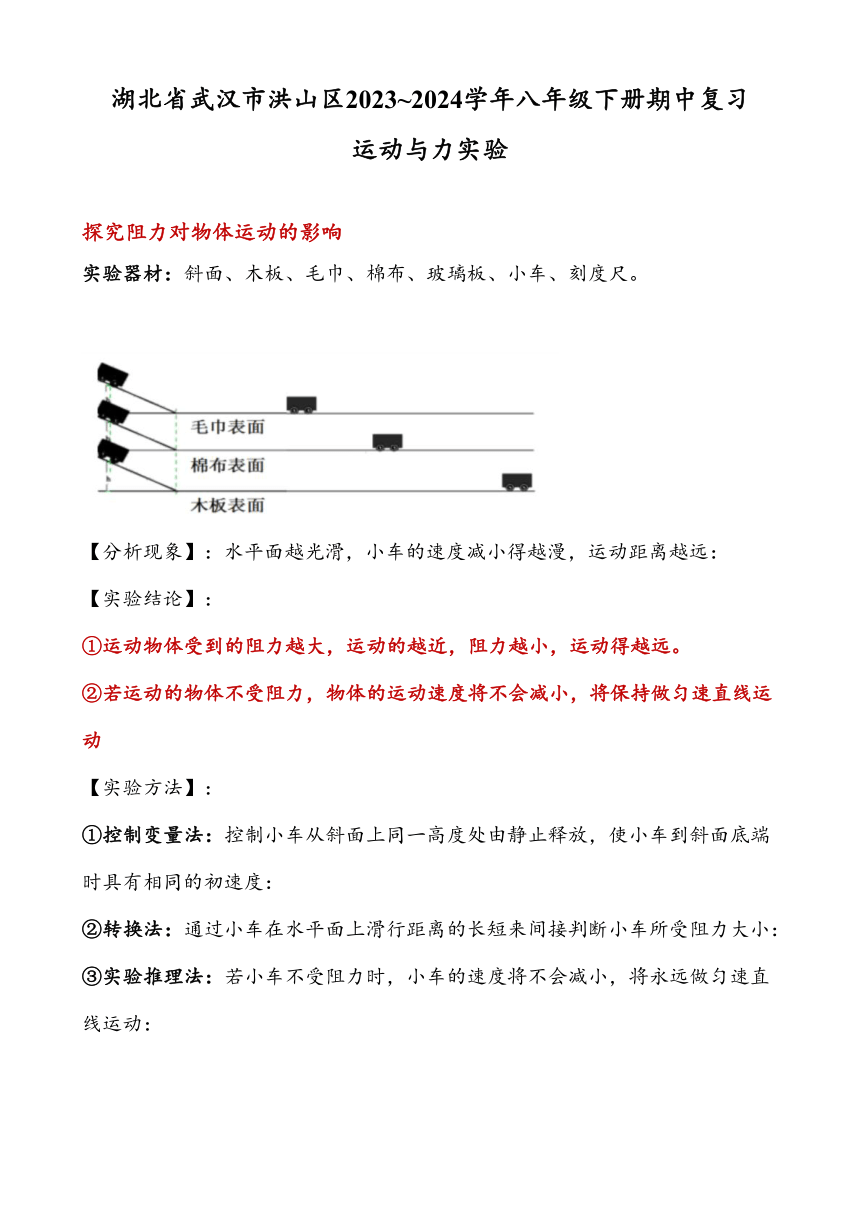 湖北省武汉市洪山区2023~2024学年八年级下册期中复习试卷——运动与力实验（含答案）