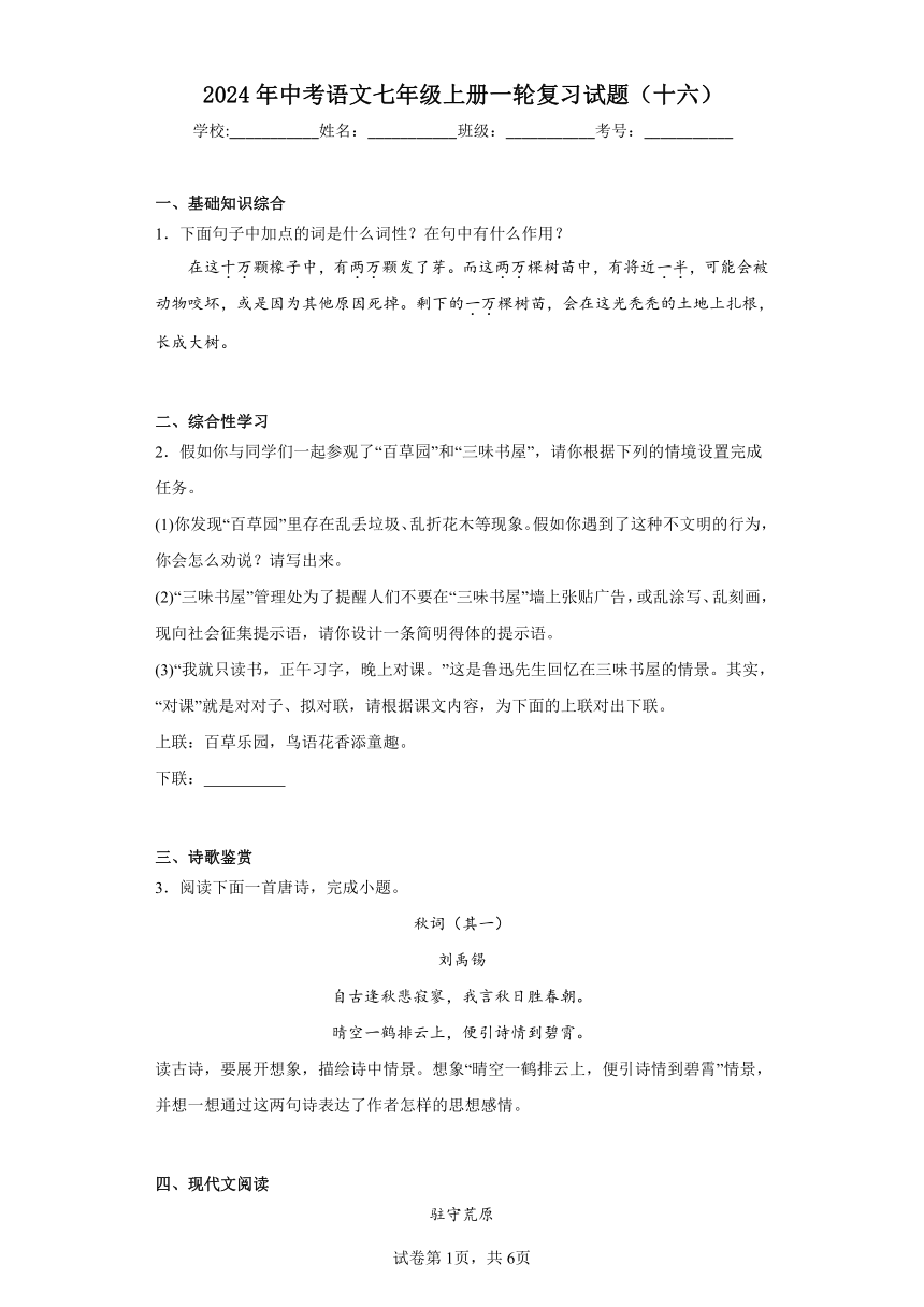 2024年中考语文七年级上册一轮复习试题（十六）（含答案）