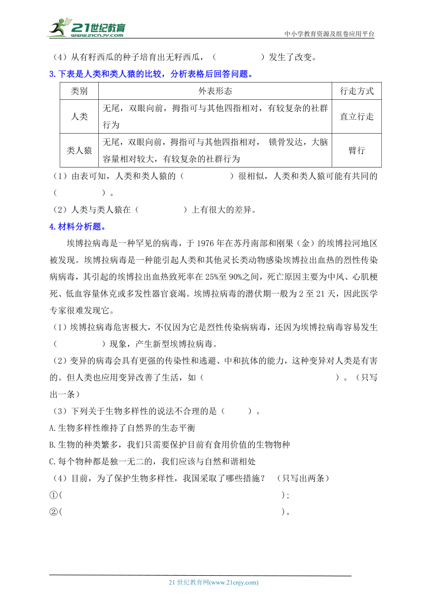 教科版（2017秋）科学六年级下册第二单元整理与复习题（含答案）