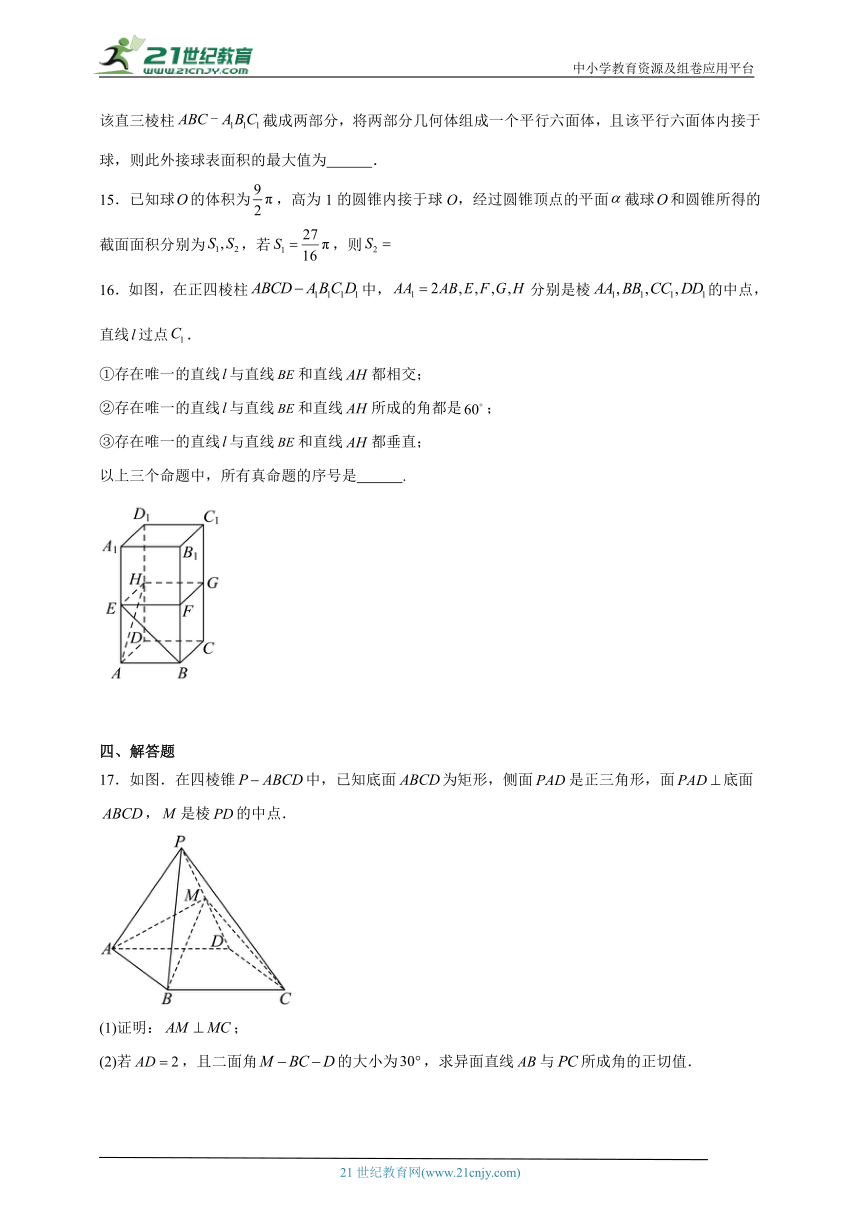 2023-2024学年数学人教A版必修第二册第八章立体几何初步精选题（含解析）