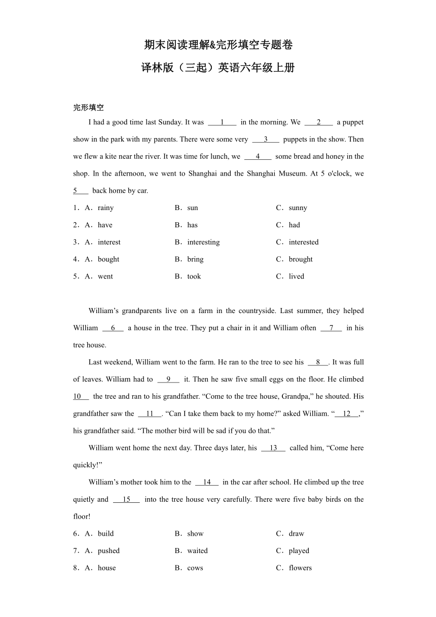 2023-2024学年译林版（三起）英语六年级上册期末阅读理解&完形填空专题卷（试题）（无答案）