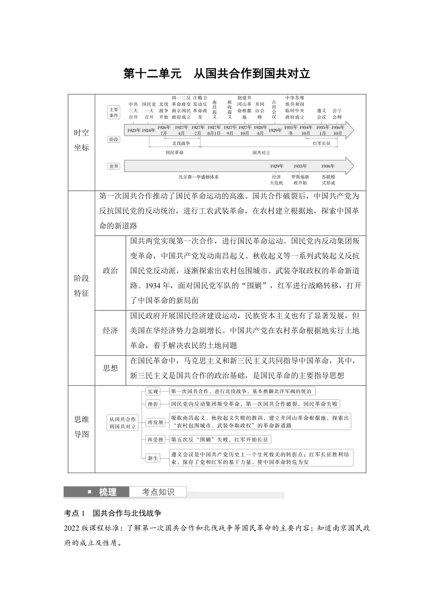 第十二单元　从国共合作到国共对立  学案（含答案） 2024年广东省中考历史一轮复习