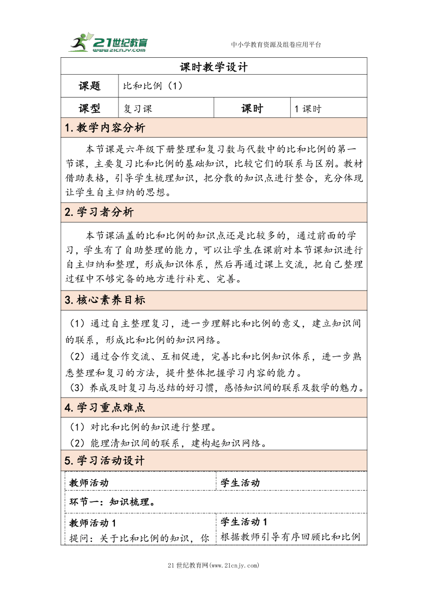 大单元教学【核心素养目标】6.2.7  比和比例（1）（表格式）教学设计