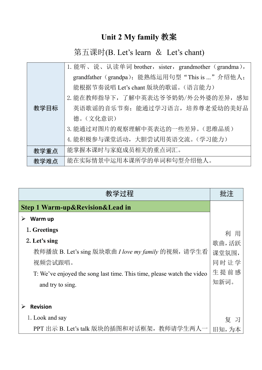 Unit 2 My family第5课时 PartB Let's learn&Let's chant 表格式教案（含反思）