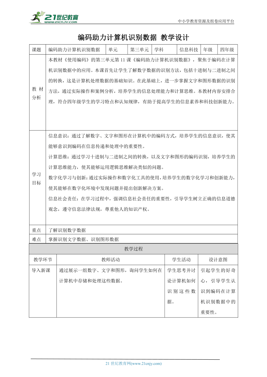 第11课 编码助力计算机识别数据 教案6 四下信息科技赣科学技术版