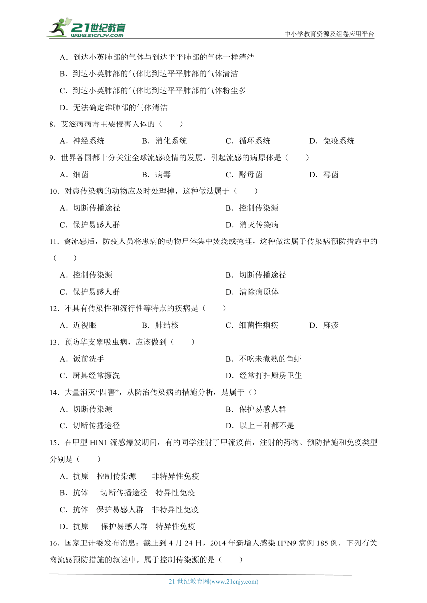 冀少版生物七年级下册一课一练2.6.4 新发传染病的防控（含解析）