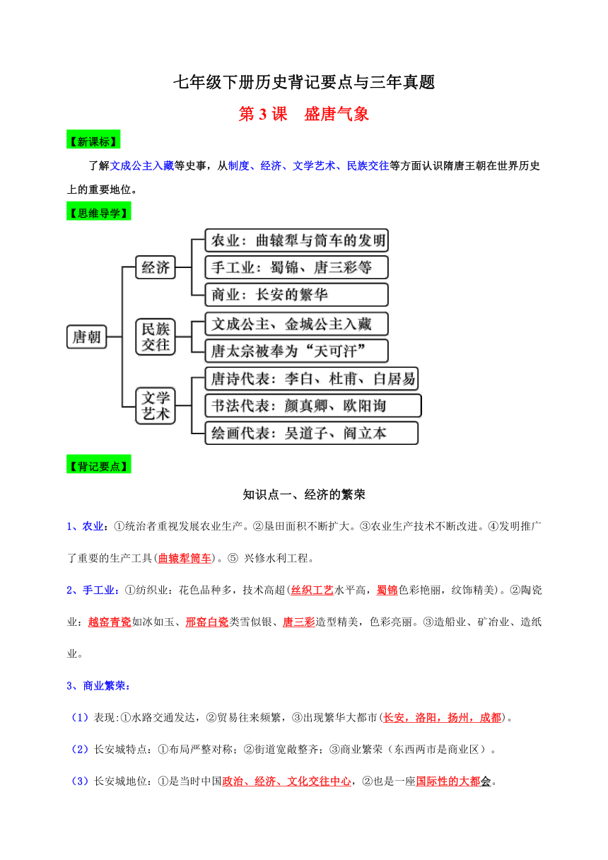 第3课  盛唐气象  七年级下册历史背记要点与三年真题（含解析）