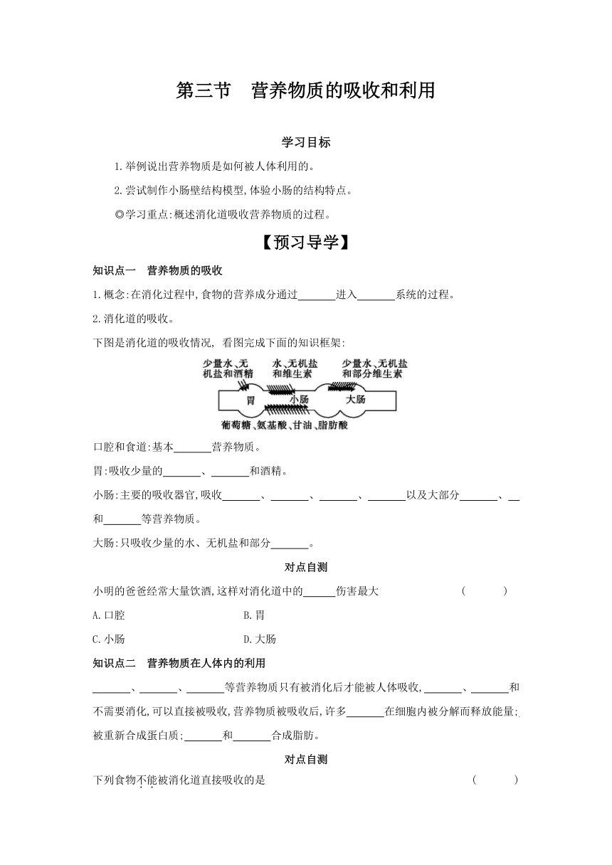 2.1.3 营养物质的吸收和利用 学习任务单（含答案） 冀少版生物七年级下册