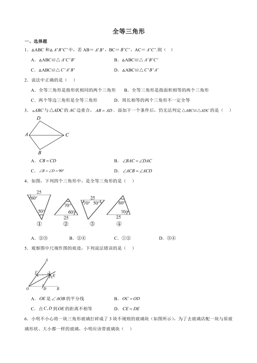 2024年中考数学专项复习练习：全等三角形(含答案)