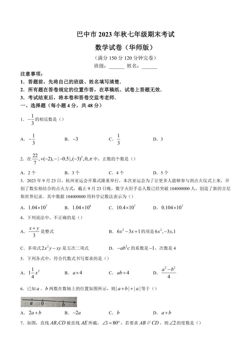 四川省巴中市2023-2024学年七年级上学期期末数学试题（含答案）