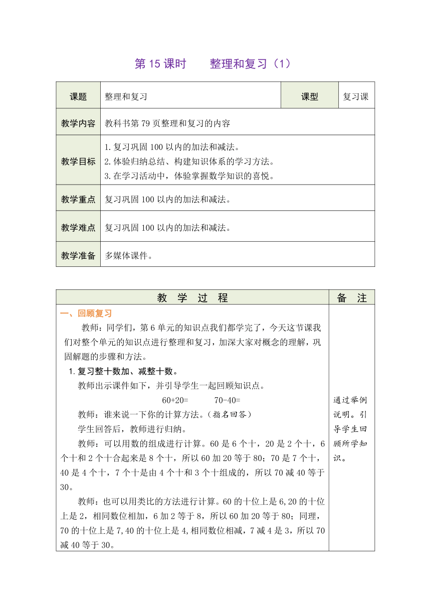 6.15  整理和复习(1)（教案）-2023-2024学年一年级下册数学人教版（表格式）