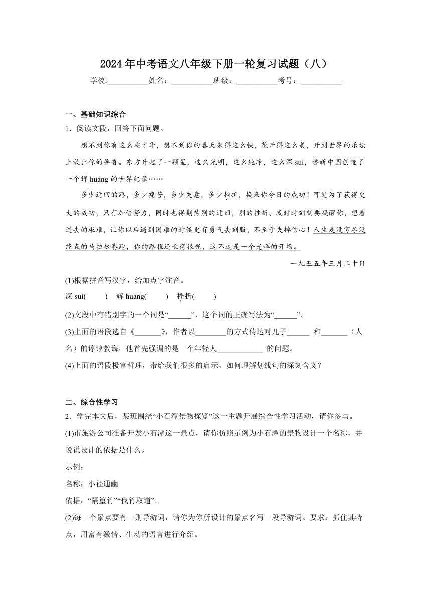 2024年中考语文八年级下册一轮复习试题（八）（含答案）