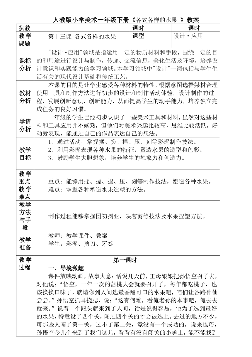 人教版小学美术一年级下册第13课 各式各样的水果教案 （表格式）