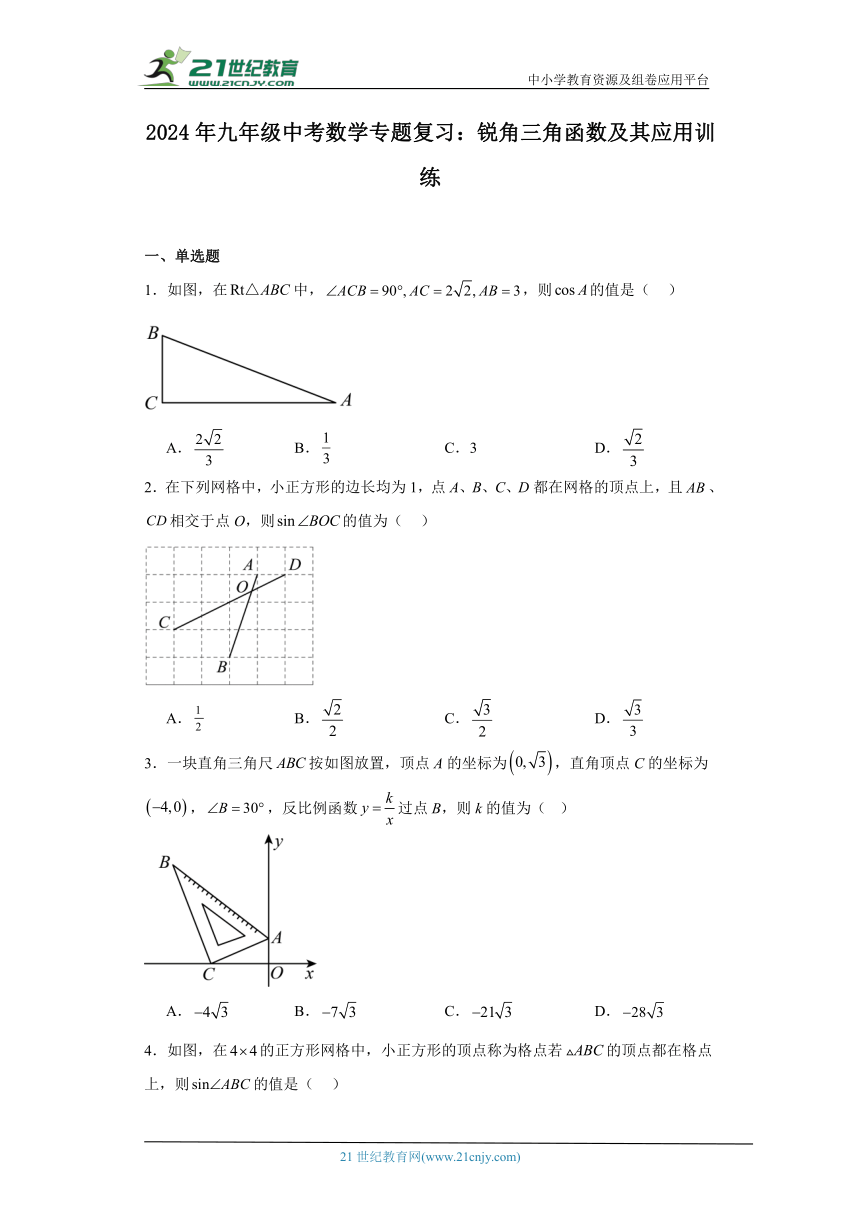 2024年九年级中考数学专题复习：锐角三角函数及其应用训练（含解析）