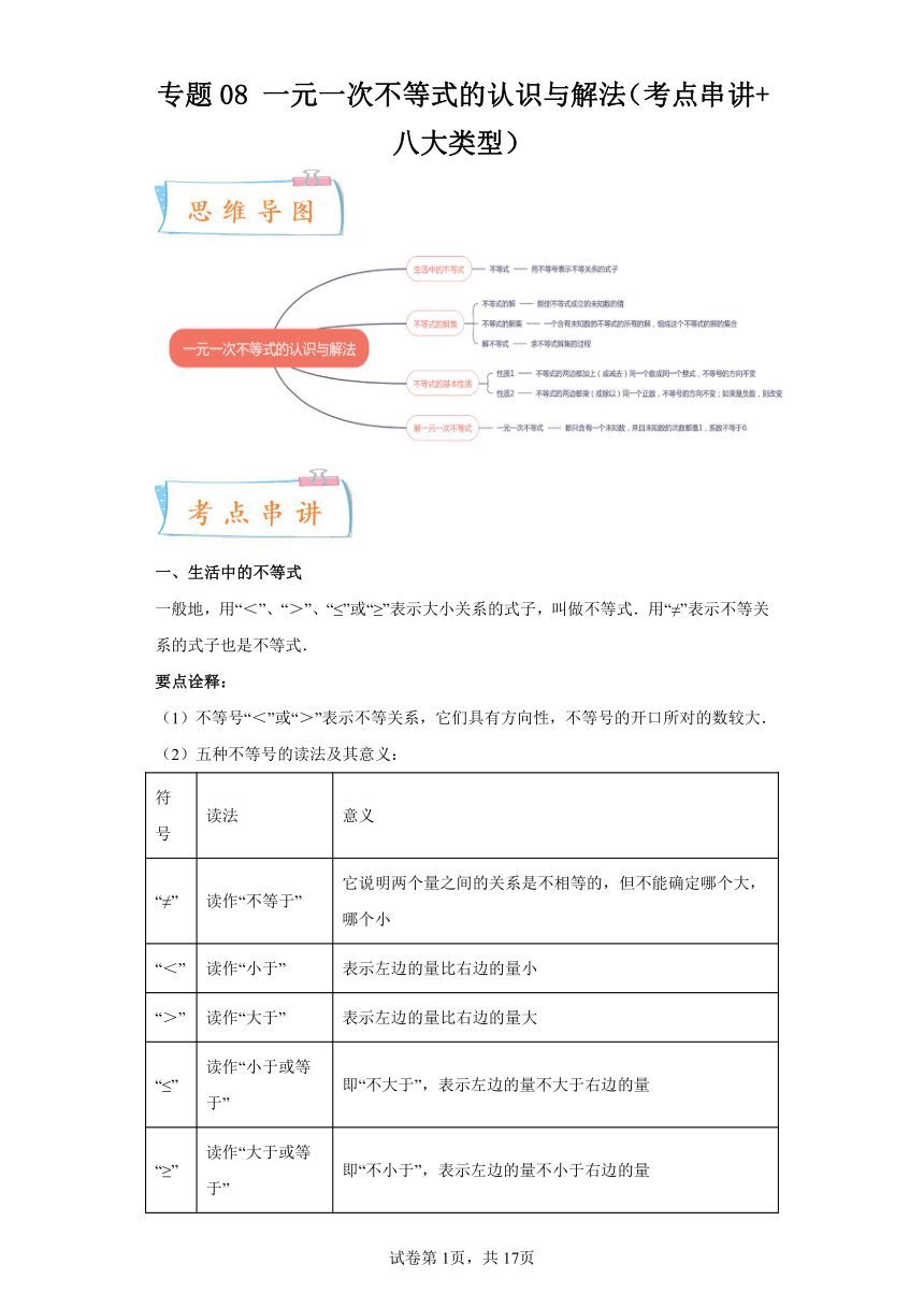 专题08一元一次不等式的认识与解法 知识梳理+练习（含解析） 苏科版数学七年级下学期