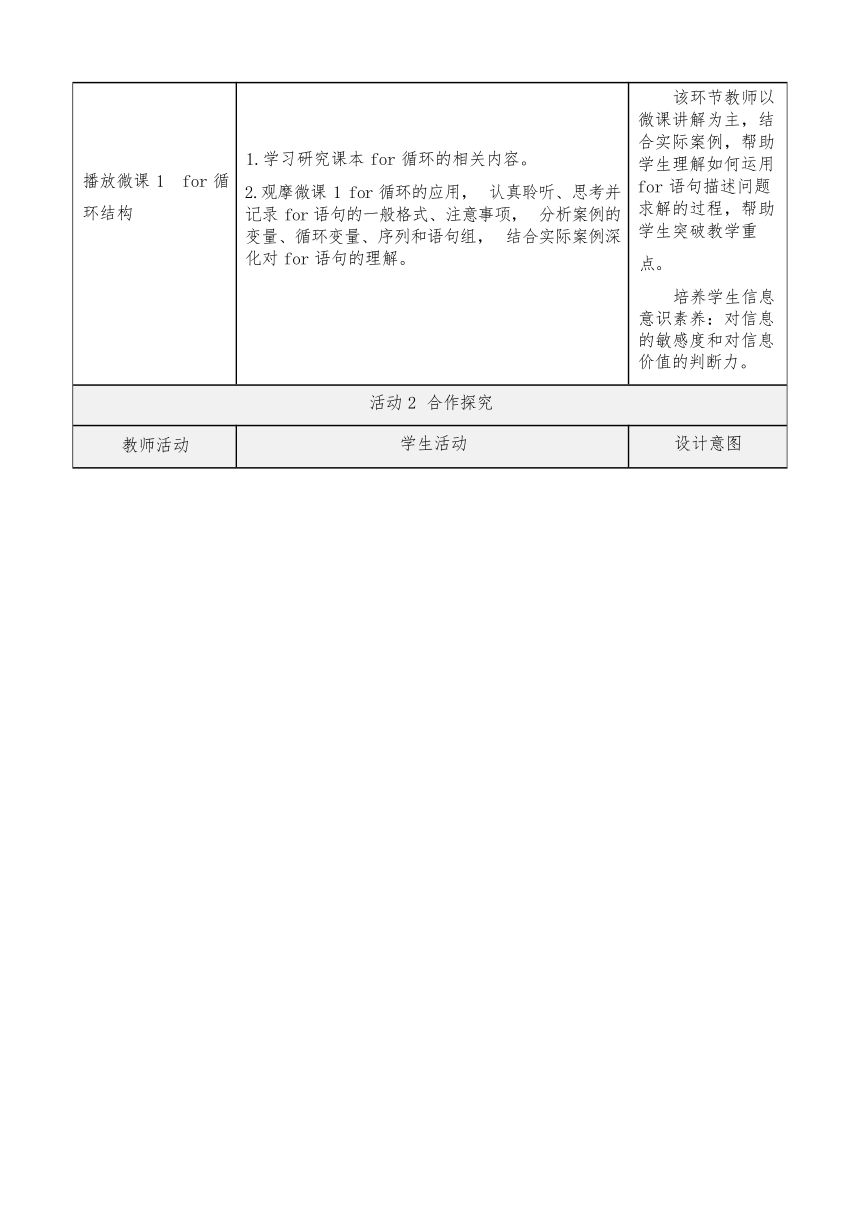 4.4 运用循环结构描述问题求解过程(一) 教学设计（表格式） 2023—2024学年粤教版（2019）高中信息技术必修1