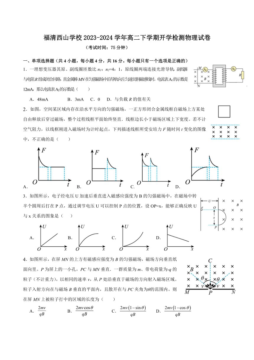 福建省福州市福清西山学校2023-2024学年高二下学期开学检测物理试题（含答案）