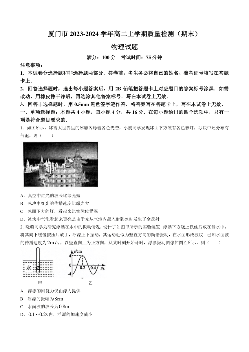 福建省厦门市2023-2024学年高二上学期质量检测（期末）物理试题（含答案）