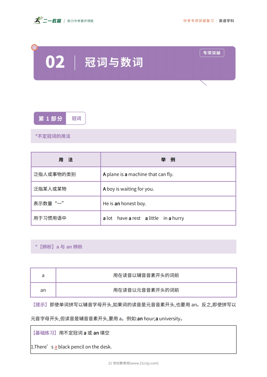 冲刺2024年中考英语 专项突破 专题2 冠词与数词
