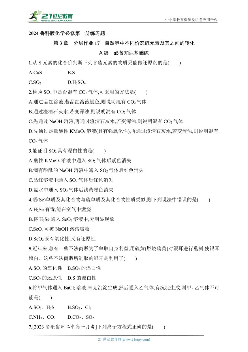 2024鲁科版化学必修第一册练习题--分层作业17　自然界中不同价态硫元素及其之间的转化（含解析）