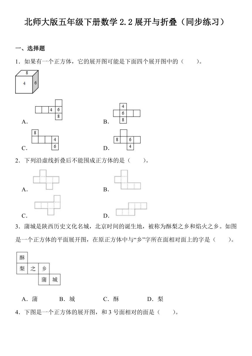 北师大版五年级下册数学2.2展开与折叠（同步练习）（无答案）